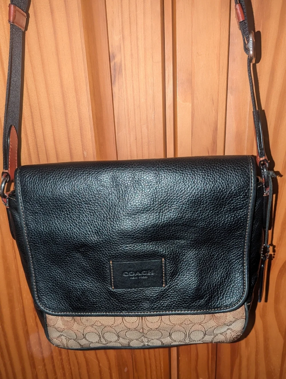 Coach Sprint Map Bag 25 Black Leather & Brown Signature Messenger Bag